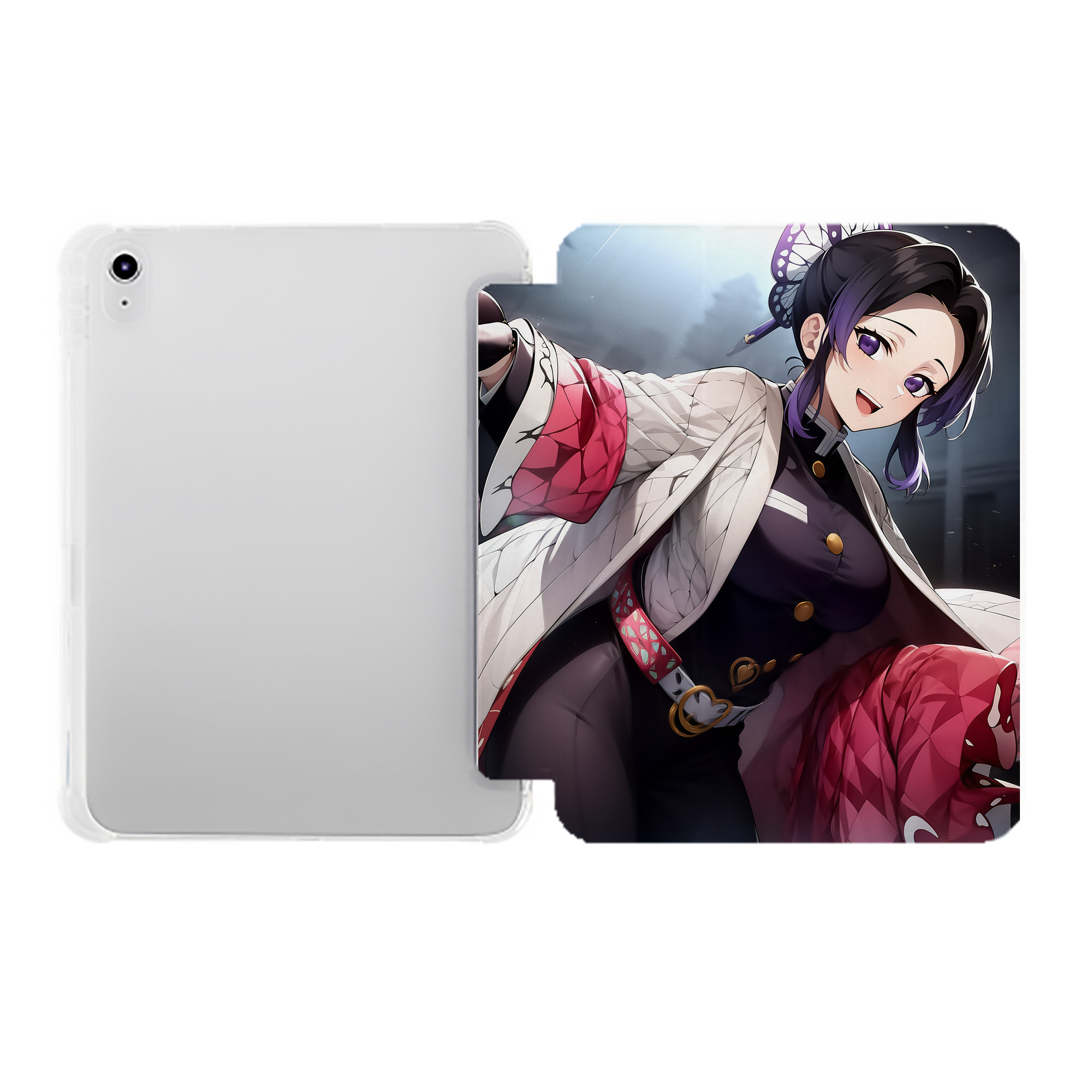 （画像用） 鬼滅の刃（きめつのやいば）蟲柱-胡蝶 しのぶ／こちょう しのぶ Kochou Shinobu IPad ケース ペン収納付き 三つ折りスタンド PUレザー×シリコン 対応機種9.5/10.5/10.9インチ
